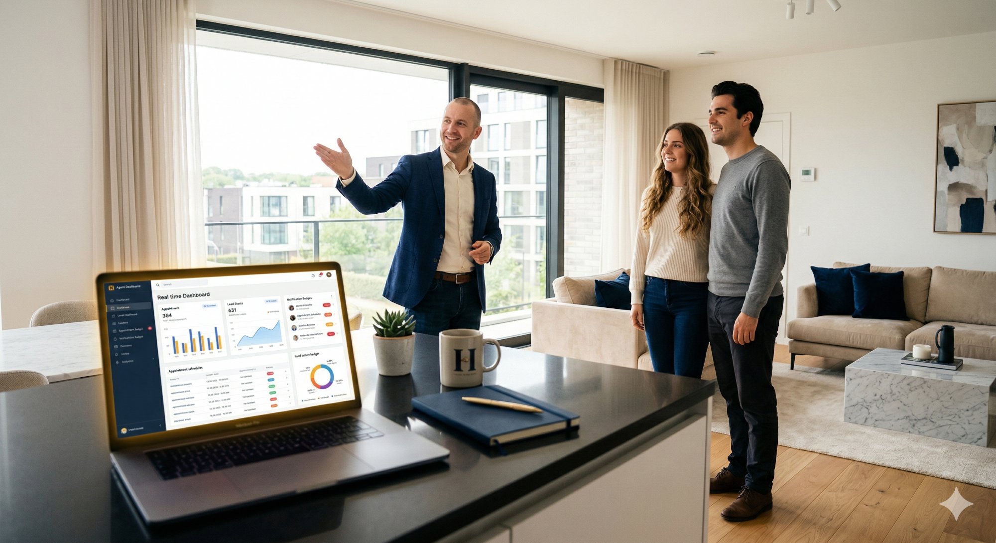 Agent immobilier montrant un bien à un couple pendant que Presidia travaille en arrière-plan